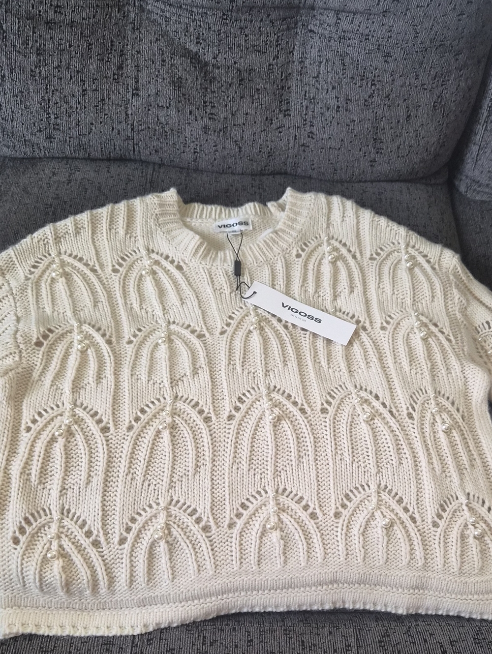 Vigoss Ivory Cable-Knit Pearl Crew Sweater